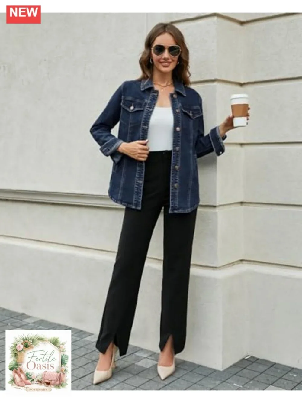 Women's Oversized Denim Shacket with Pockets - Medium Stretch Button Up Long
